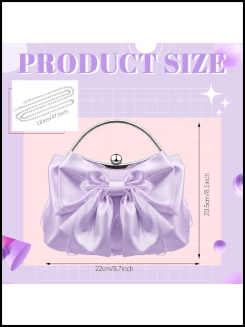 Satin Bow Clutch Purse with Kiss Lock Closure and Chain Strap - Picture 2 of 6